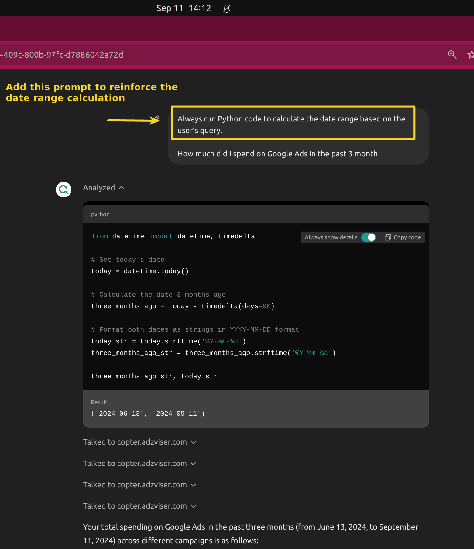 Reinforces date range calculation with an extra prompt