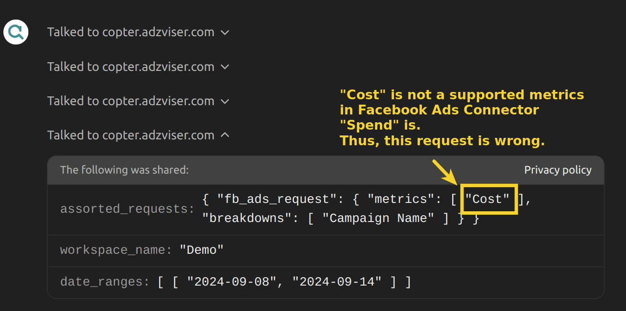 Example of how a wrong metric is made up by ChatGPT for Facebook Ads connector