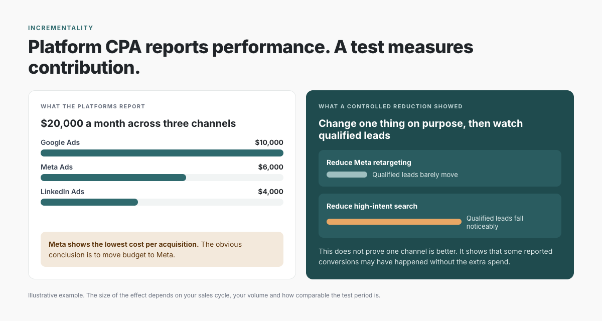 Platform CPA reports performance while a controlled test measures contribution: reducing Meta retargeting barely moves qualified leads, while reducing high-intent search drops them noticeably.
