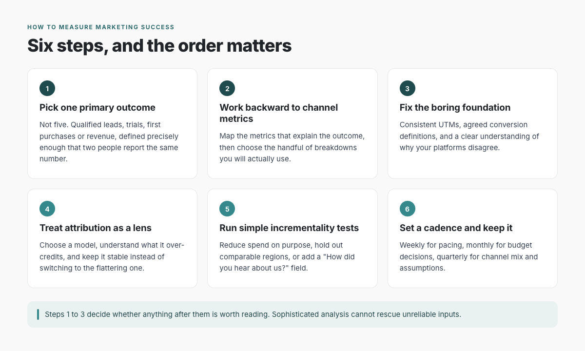 Six steps to measure marketing success: pick one primary outcome, work backward to channel metrics, fix the foundation, treat attribution as a lens, run incrementality tests, and set a cadence.